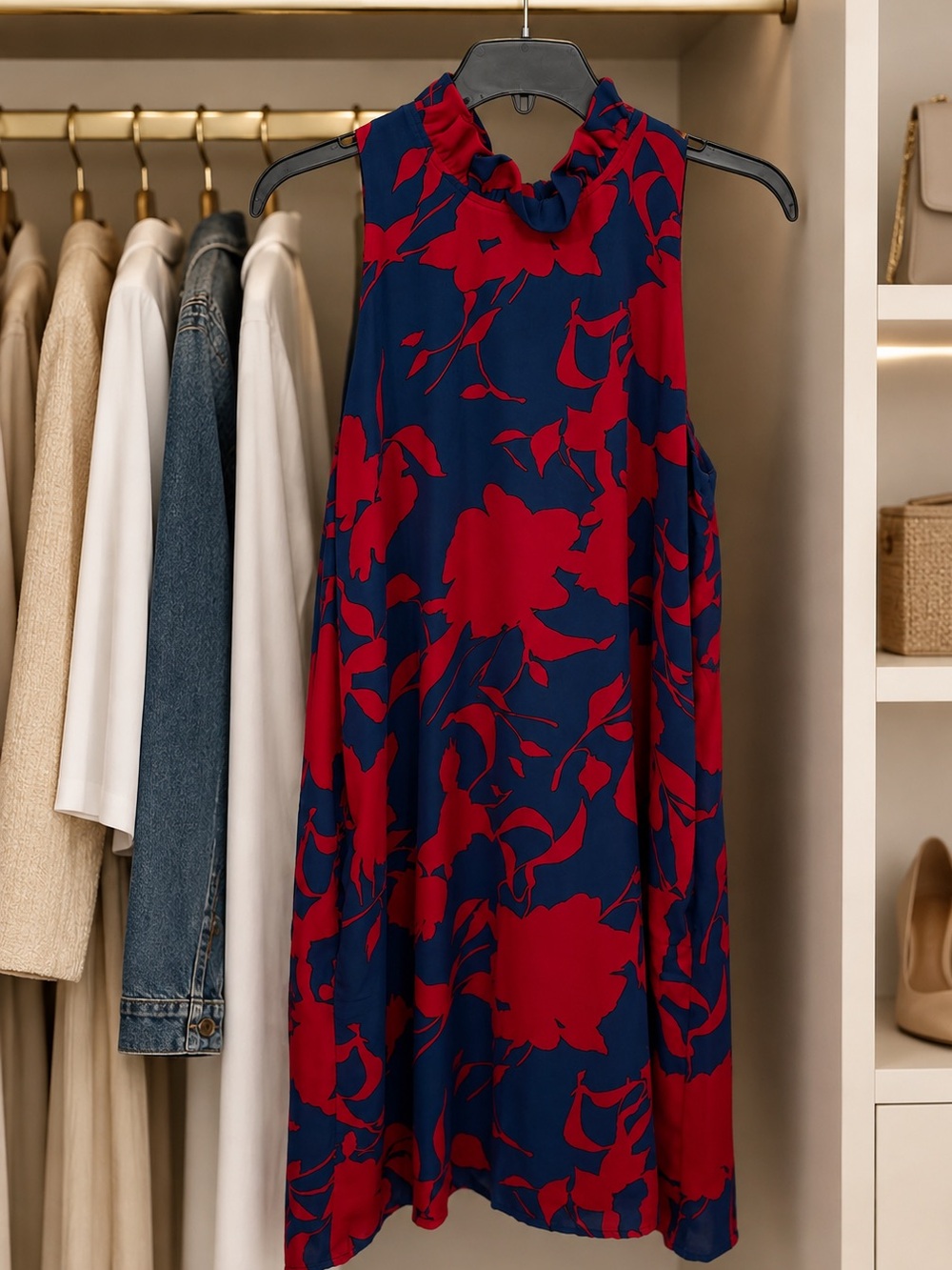 Gibson Navy Dress with Bold Red Floral Print